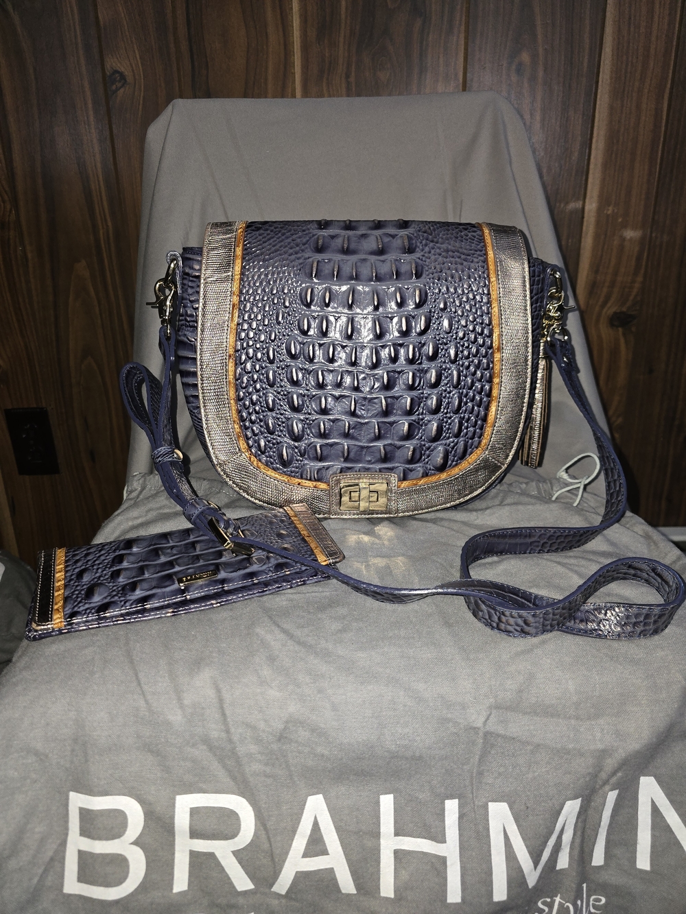 Brahmin Navy Croc-Embossed Crossbody Bag